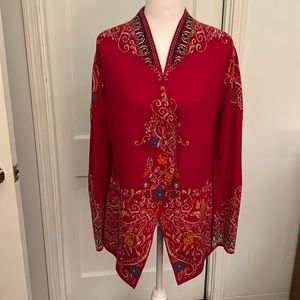 NWOT  lightweight,red floral sweater. 100% wool;2 snaps; size medium; IVKO